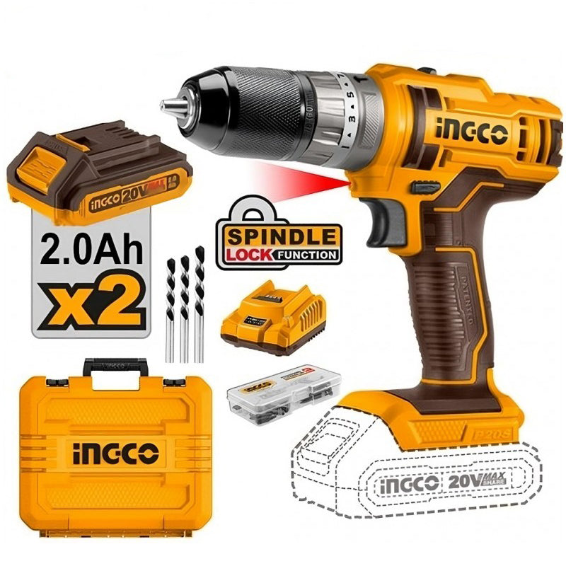 Trapano Avvitatore 20V con 2 Batterie + 47 Accessori